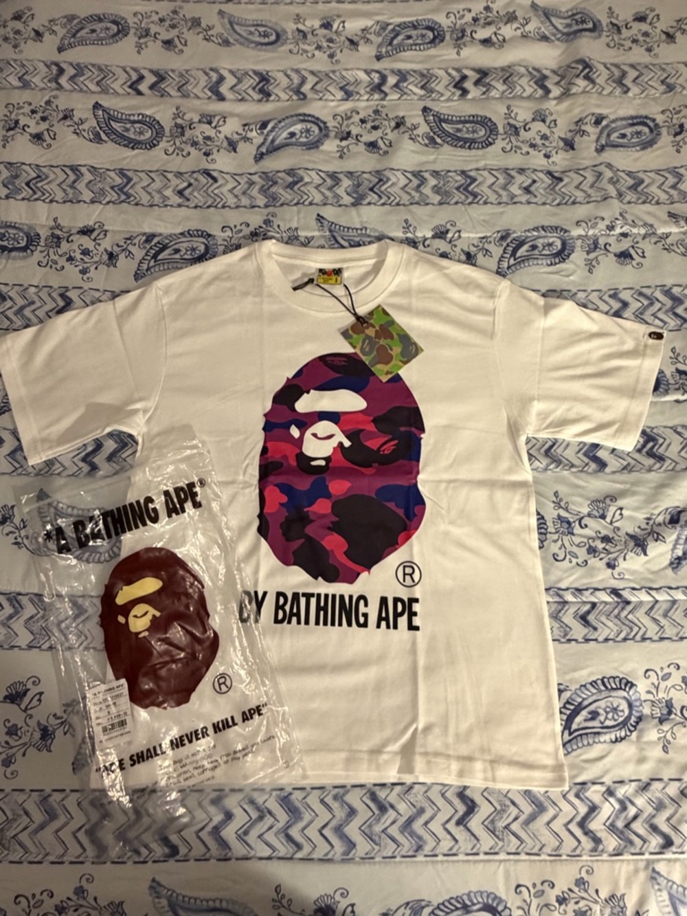 A Bathing Ape White Tee with Purple/Pink Camo Ape Head